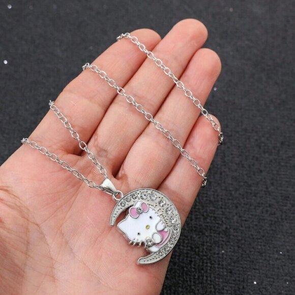 Hello Kitty Crescent Moon Necklace Silver Rhinestones Pink Bow Dress - Picture 5 of 5